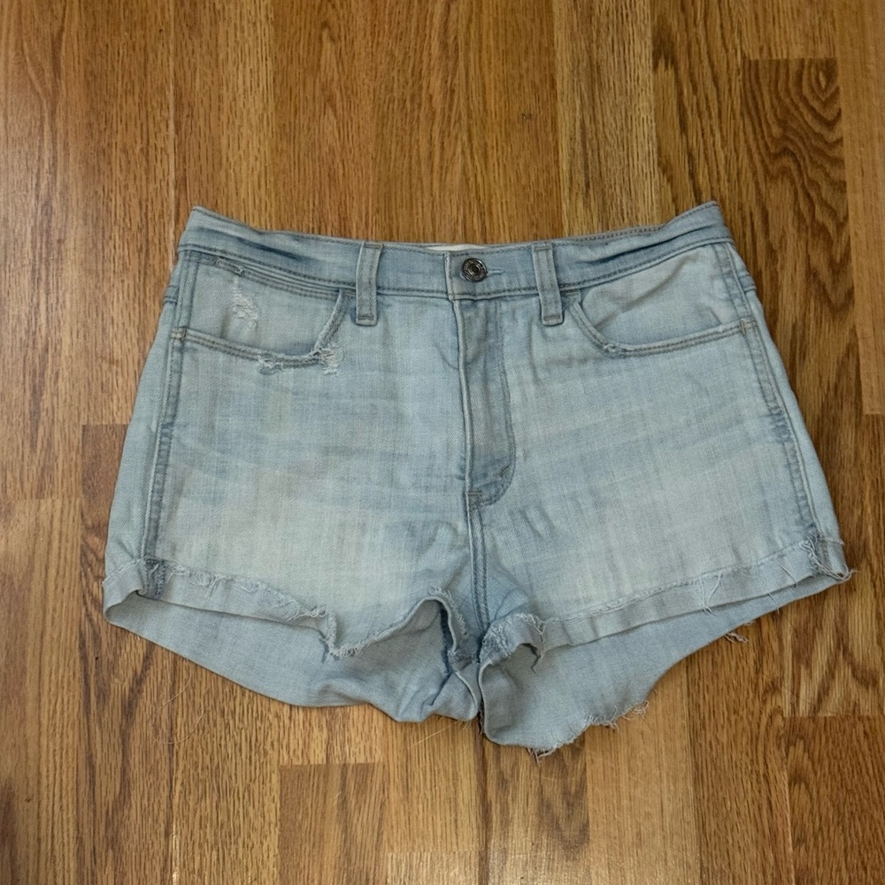 Abercrombie & Fitch high rise Light Wash denim Shorts with distressed details